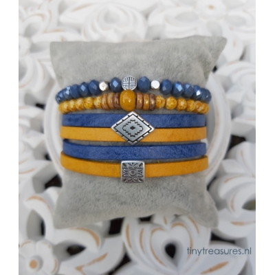 leren wikkelarmband geel/ blauw leren wikkelarmband geel/ blauw